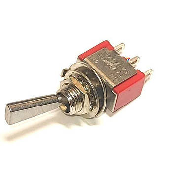 MS-102-F1 Мініатюрний тумблер, 5A 125VAC/2A 250VAC, однополюсний, SPDT ON-ON, плоска ручка, довжина 11,4 мм, клема під пайку 3P.