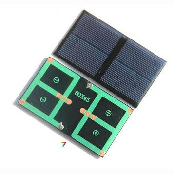 SOLAR-80X45-0.5W-1V Сонячна батарея з полікристалічного кремнію. Потужність: 0,5 Вт. Робоча напруга 1 В. Розміри: 80х45 мм.