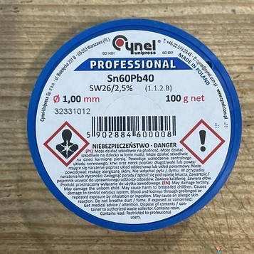 LC60-1.00/0.1 Дротяний припій Sn-60% Pb-40% 1,00 мм 0,1 кг Cynel. Тип флюсу - галогенове, з каніфоллю, F-SW26, Зміст флюсу - 2.5%.
