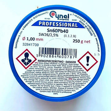 LC60-1.00/0.25 Дротяний припій Sn-60% Pb-40% 1,00 мм 0,25 кг Cynel. Тип флюсу - галогенове, з каніфоллю, F-SW26, Зміст флюсу -