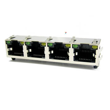 12-108-8P8C-1x4-2-G/Y-01 Роз'єм RJ45 для комп'ютерних мереж, Порти: 1х4. розетка, 8P8C, Граничний струм 1.5А, екранований (ЕМВ) зі