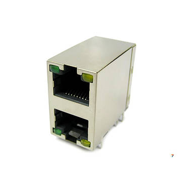 12-313-8P8C-2x1-1-G/Y-01 Роз'єм RJ45 для комп'ютерних мереж, Порти: 2х1. розетка, 8P8C, Граничний струм 1.5А, екранований зі