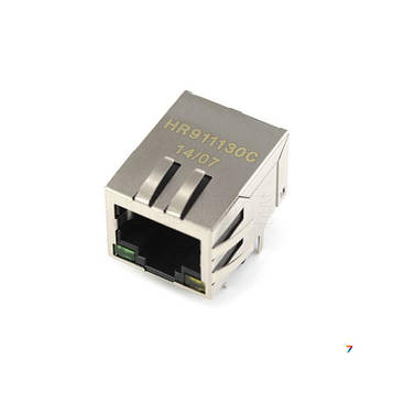 HR911130C Разъем RJ45 для компьютерных сетей, розетка, экранированный со светодиодами (зеленый/желтый). 100/1000Base-T