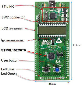 STM8L-DISCOVERY STM8L-DISCOVERY це найдешевший і швидкий шлях для освоєння мікроконтролерів лінійки STM8L (мікроконтролери