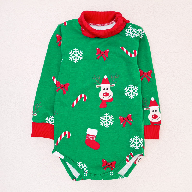 Теплий святковий боді-гольф для дітей Festive Reindeer зріст 98 см (2 - 3 роки) Malena Зелений з принтом