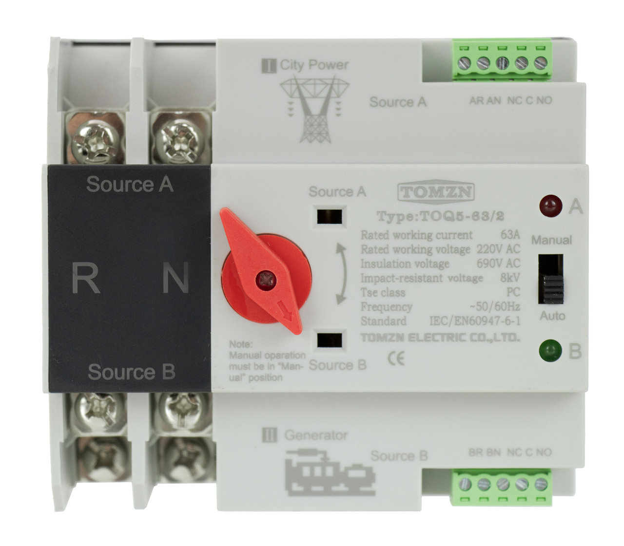 Автоматичний перемикач введення резерву TOMZN TOQ5-63/2 63A 2P (АВР) 1-фаза, фото 1