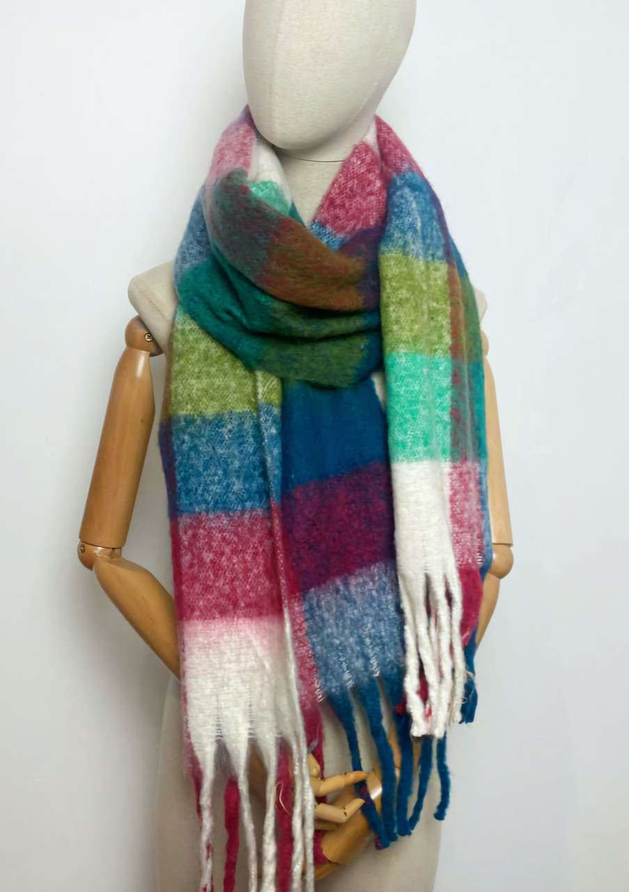 Шарф теплий зимовий в клітинку Дредда фуксія зелений, фото 1