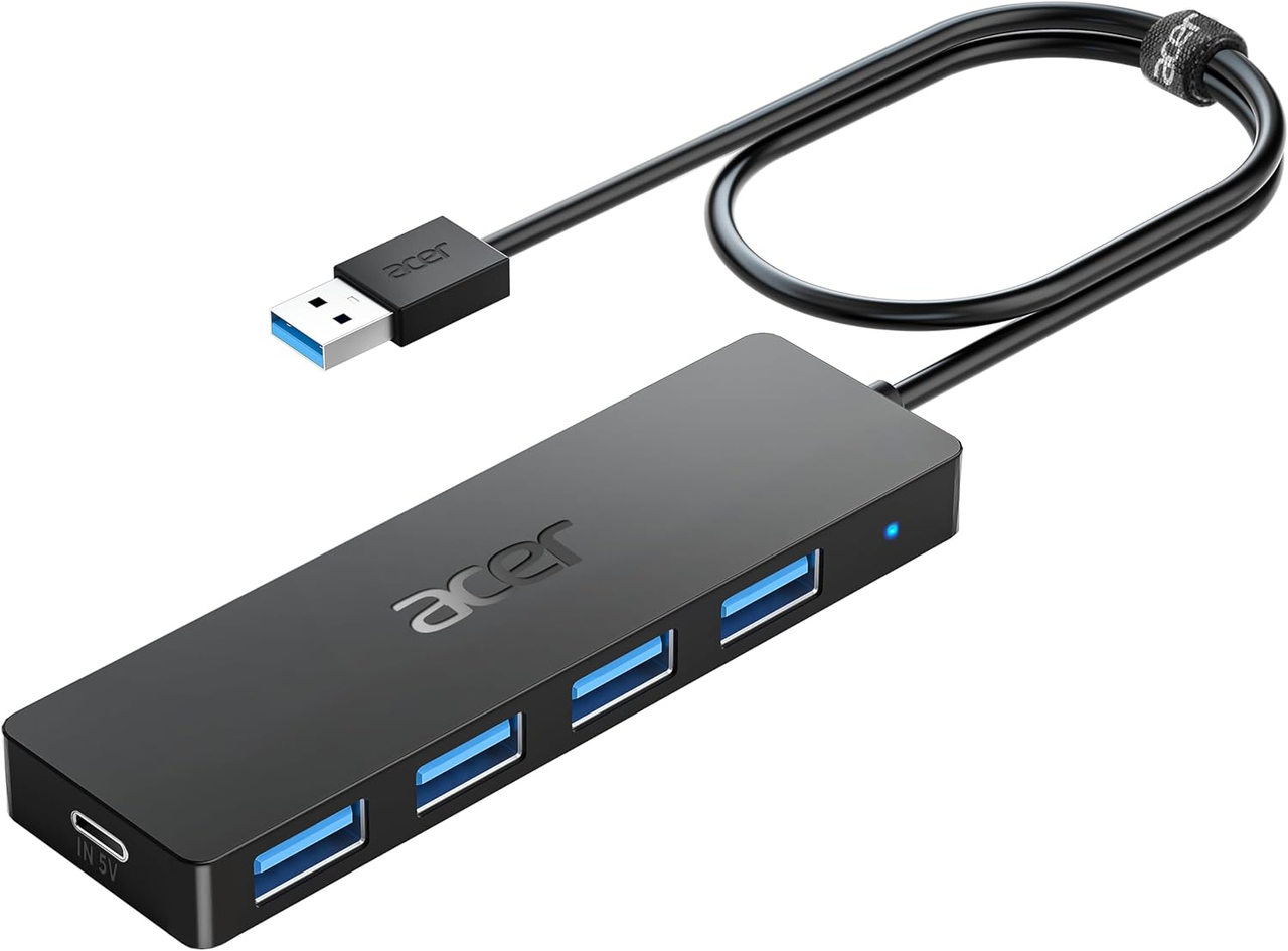 Acer USB Hub на 4 порти, багатофункціональний USB 3.0 хаб, USB A розгалужувач для ноутбуків з портом USB C для живлення, USB подов
