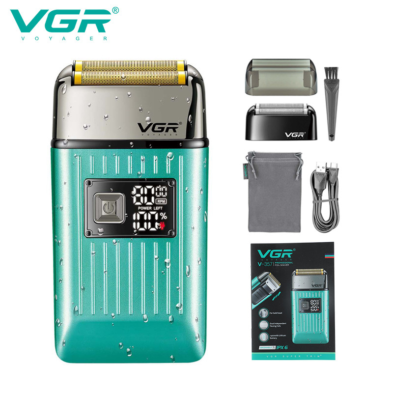 Електробритва VGR V-357 шейвер GREEN, подвійне лезо, 2 насадки, висувний триммер, IPX6, LED display