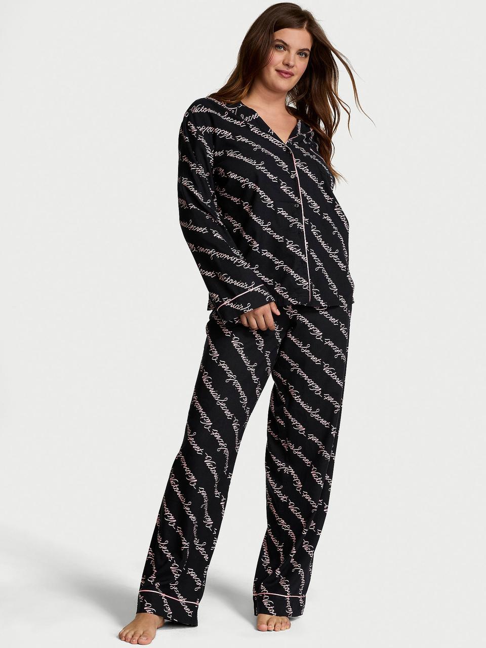 Фланелева Піжама Victoria's Secret Flannel Long Pajama Set, Чорна з написами, фото 1