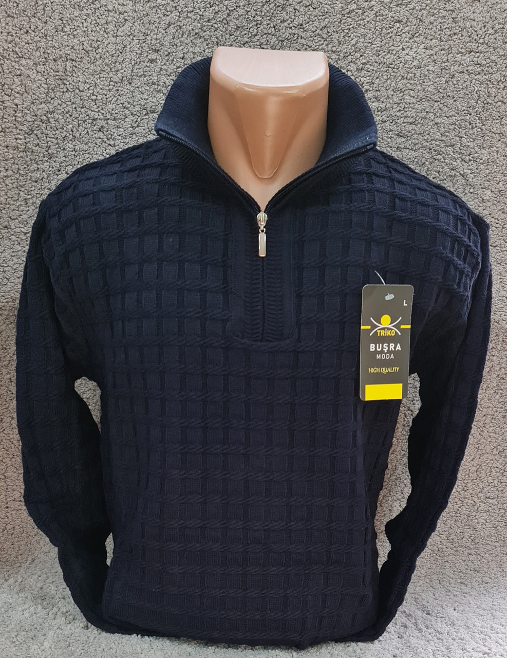 Светр чоловічий Triko теплий на блискавці комір стійка темно-синій