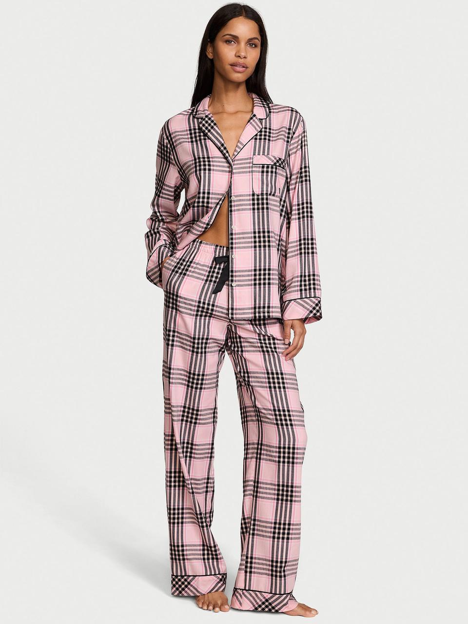 Фланелева Піжама Victoria's Secret Flannel Long Pajama Set, Рожева в клітку, фото 1