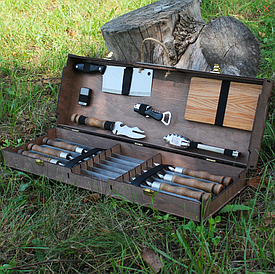 Набір шампурів КЕДР в коробці з фанери для подарунка куму, чоловіку, батьку, шефу.