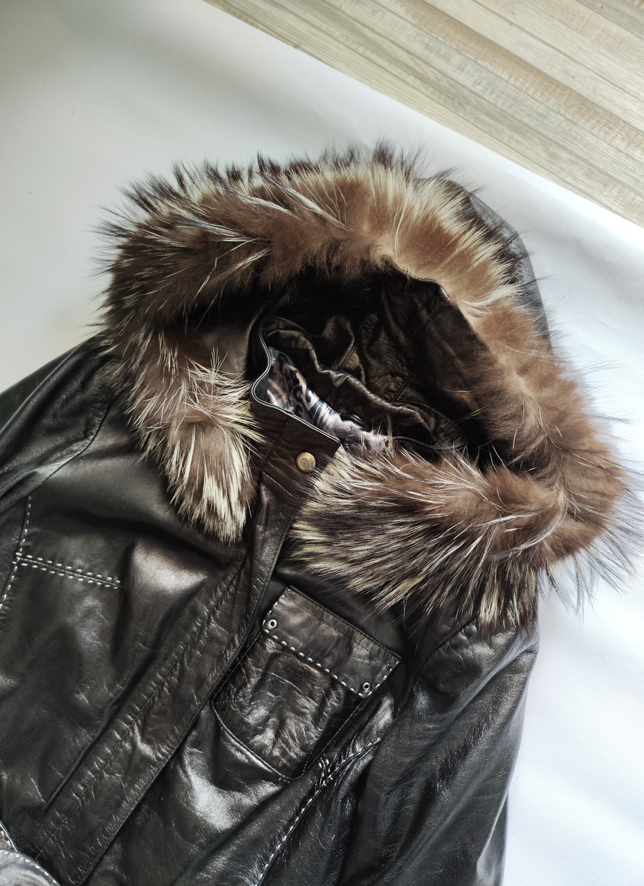 Шкіряна куртка з натуральної шкіри та чорнобурки з капюшоном і поясом натуральна шкіра розмір С, фото 1