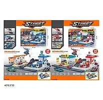 Паркінг для машинок із заправкою, Поліцейська / Пожежна станція з металевими машинками Streeet Convoy