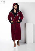 Мужской велюровый халат бамбуковый с капюшоном на поясе Nusa NS 2810 бордо длиный L/XL