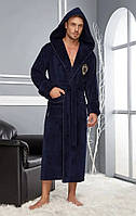 Мужской велюровый халат бамбуковый с капюшоном на поясе Nusa NS 2955 синий длиный 3XL