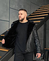 Шкіряна чоловіча чорна куртка на хутрі дуже тепла