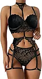 Чорний жіночий комплект білизни з мережива з поясом та гартерами, фото 3
