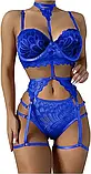 Синій комплект білизни ліф без кісточок з чоппером, трусики, гартери з поясом, фото 5