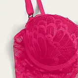 Жіночі комплект білизни яскраво-рожевого кольору ліф без кісточок, трусики з поясом та гартери, фото 6