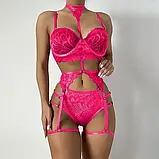 Жіночі комплект білизни яскраво-рожевого кольору ліф без кісточок, трусики з поясом та гартери, фото 3