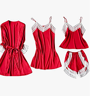 Жіночий піжамний комплект червоного кольору з халатом, шорти з пеньюаром