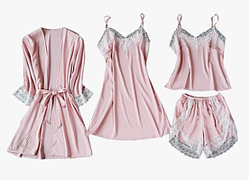 Жіночий рожевий піжамний комплект з халатом, шорти з пеньюаром.