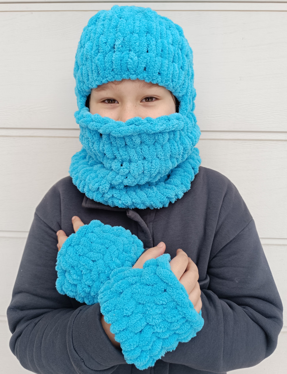 Дитяча в'язана шапка-балаклава бірюзового кольору, фото 1