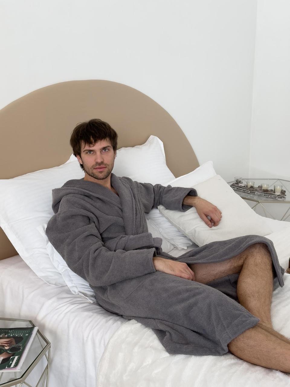 Чоловічий ХАЛАТ МАХРОВИЙ НАТУРАЛЬНИЙ ДОВГИЙ з капюшоном COSY Fortune шаль сірий 925H1, фото 1