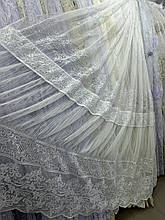 Тюль бамбук з вишивкою і гофре №116-1212 білий оптом