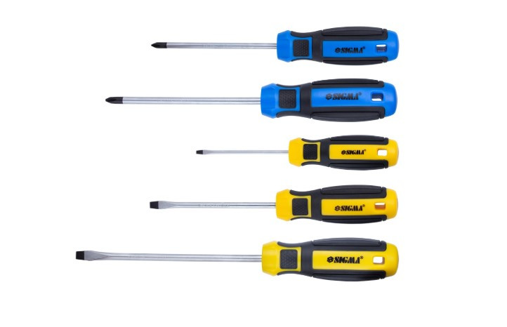 Набір викруток 5шт, SL 3.0х75 мм SL 5.0×100 мм SL 6.0×150 мм PH 1×100 мм PH 2×125 мм CrV Mega SIGMA (4009021), фото 1