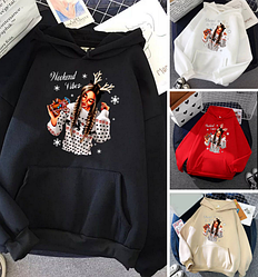 Толстовка новорічна жіноча оверсайз з ялинкою ошатна тепла на флісі, розмір 42/48, біла, чорна, червона