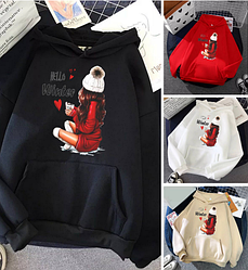 Жіночий худі з новорічним принтом Ялинка осінньо-зимовий на флісі оверсайз, розмір 42/48, білий, чорний, червоний