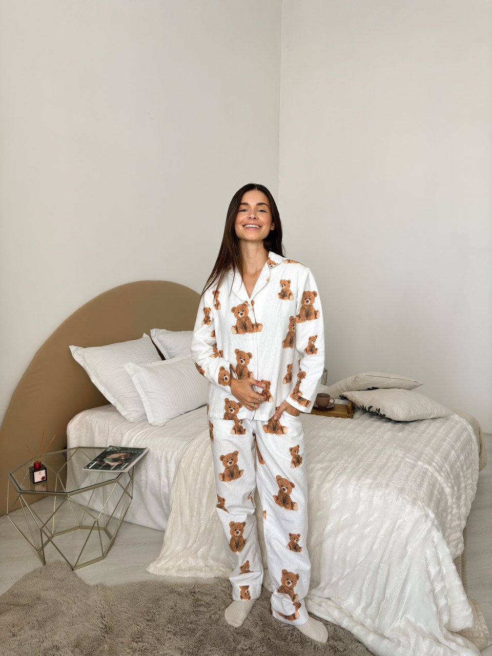 Піжама жіноча домашня тепла COSY Тедді (сорочка+штані) M фланель біла, фото 1