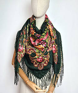 Хустка українська велика з квітами з тороками народна Ганна зелена