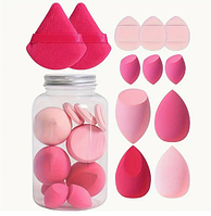 Професійний набір різних спонжів та пухівок для макіяжу у боксі бьюті блендер Puffy 12 штук, насичено рожевий