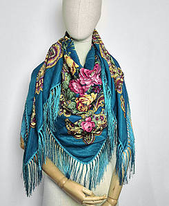Хустка українська велика шалик з квітами з тороками Ганна бірюза