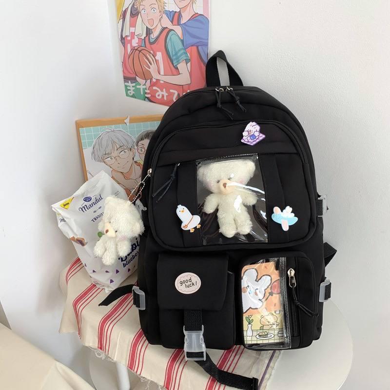 Великий місткий текстильний рюкзак з брелком-іграшкою та значками. Чорний, фото 1