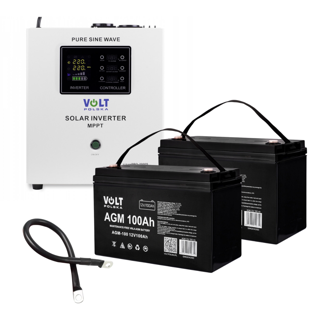 Аварійний комплект Гібридний ДБЖ/інвертор Volt Polska SINUS PRO 2000 S 24/230V 1400/2000W + 2 шт Акумулятор VOLT VRLA 100Ah 12V