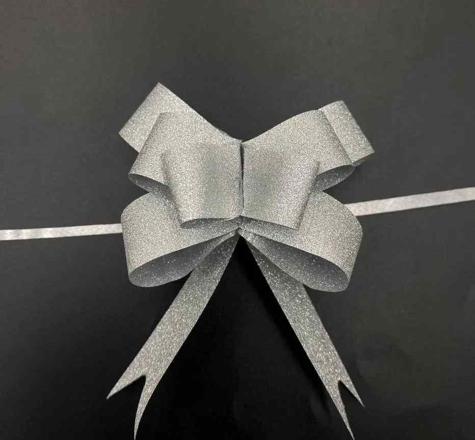 Бантик з поліпропіленової стрічки 1,6 х 31,5см (у зібранному виді 5 х 10см) срібний, за 1шт, фото 1