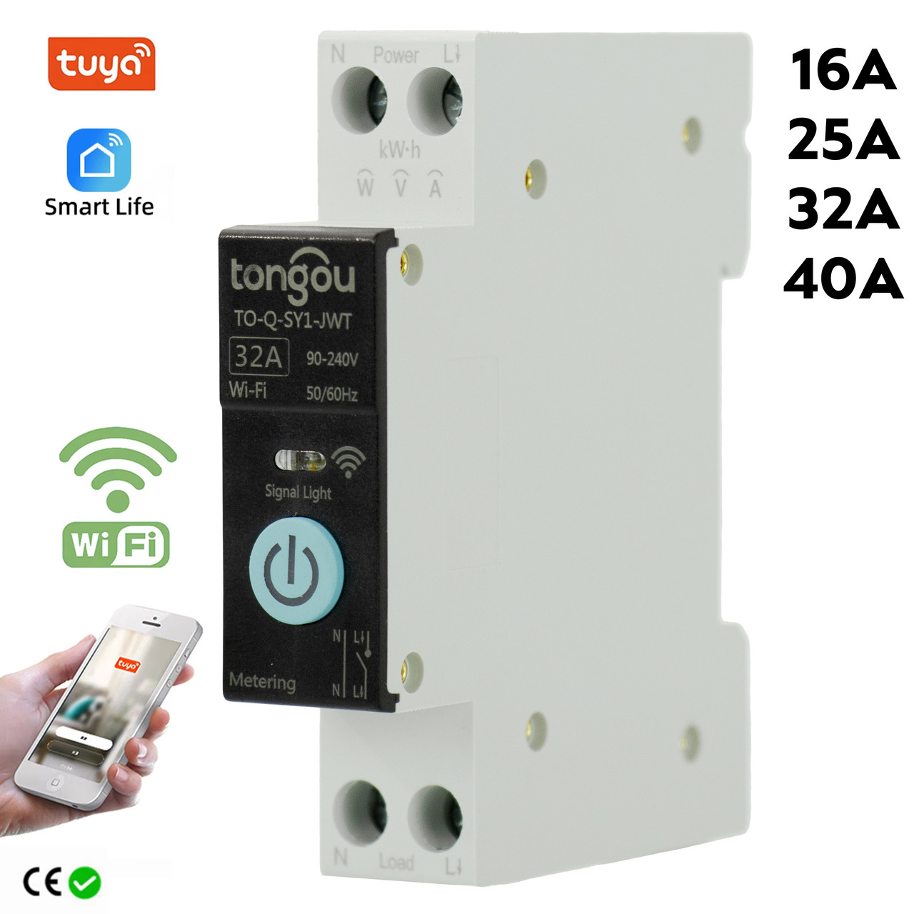Wi-Fi автоматичний вимикач Tongou TO-Q-SY1-JWT 1P DIN однофазний + лічильник кВт/год