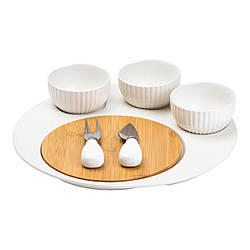 Набір для подачі фруктів та сиру Ø 29 см Керамічна тарілка, ніж, вилка, 3 миски, дерев'яна дошка