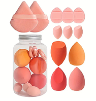 Професійний набір різних спонжів та пухівок для макіяжу у боксі бьюті блендер Puffy 12 штук, оранж.-рожевий