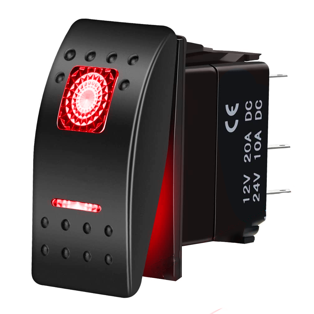 Автомобільний кулісний перемикач 2-х позиційний, червоне підсвічування, 5 контактів, 12 В 20 А, 24 В 10 А, фото 1