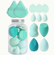 Професійний набір різних спонжів та пухівок для макіяжу у боксі бьюті блендер Puffy 12 штук, бірюзовий