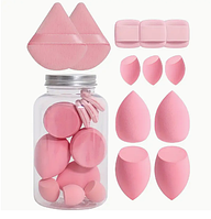 Професійний набір різних спонжів та пухівок для макіяжу у боксі бьюті блендер Puffy 12 шт., ніжно-рожевий