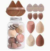 Професійний набір різних спонжів та пухівок для макіяжу у боксі бьюті блендер Puffy 14 шт., кофе з молоком