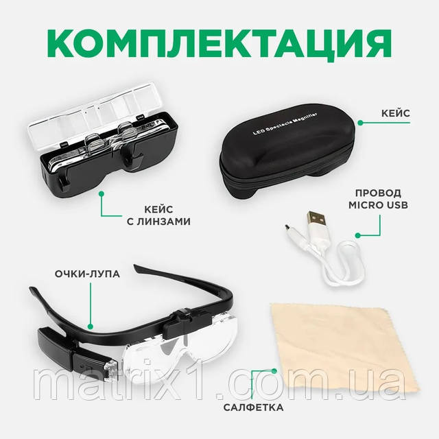 Очки лупа увеличительные с подсветкой, со сменными линзами в