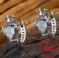 Срібні сережки Crown з веселковими сердечками сережки 925 проба з короною